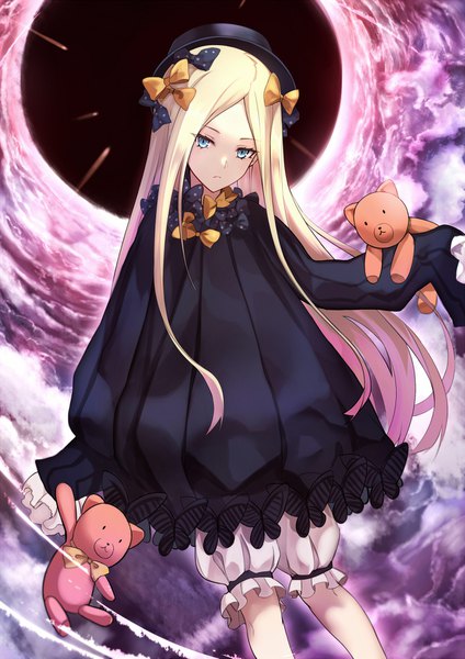 Anime picture 1240x1753 with fate (series) fate/grand order abigail williams (fate) shiguru single long hair tall image looking at viewer blue eyes blonde hair long sleeves expressionless girl dress bow hair bow hat black dress toy stuffed animal