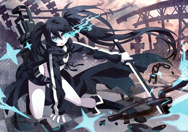 Anime picture 1069x756 with black rock shooter black rock shooter (character) bf. (sogogiching) long hair blue eyes black hair twintails glowing scar glowing eye (eyes) checkered floor girl weapon sword jacket shorts bikini top