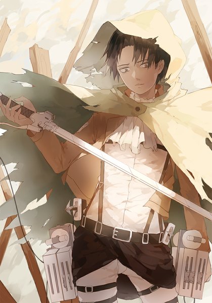 Anime picture 700x1001 with shingeki no kyojin production i.g levi (rivaille) nine (liuyuhao1992) single tall image short hair black hair brown eyes looking down boy weapon sword jacket belt thigh strap cape neckerchief suspenders