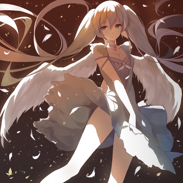 Anime picture 1200x1200 with vocaloid hatsune miku caidychen single looking at viewer twintails green eyes very long hair green hair light angel wings white wings angel girl dress wings choker feather (feathers) cross cross necklace