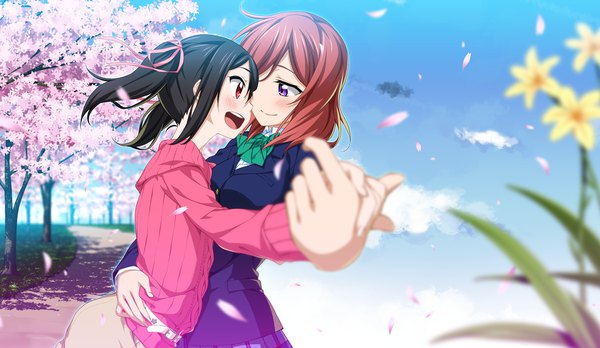 Anime picture 1544x896 with love live! school idol project sunrise (studio) love live! nishikino maki yazawa nico 2c=galore long hair blush short hair open mouth black hair smile red eyes wide image purple eyes twintails multiple girls sky cloud (clouds) outdoors