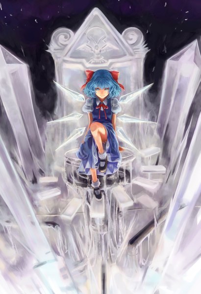 Anime picture 1714x2508 with touhou cirno mizore akihiro single tall image highres short hair blue eyes blue hair girl dress wings crystal ice throne