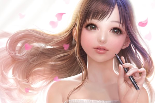 Anime picture 1500x1000 with original airspace (artist) single long hair looking at viewer brown hair bare shoulders brown eyes lips realistic girl petals pen