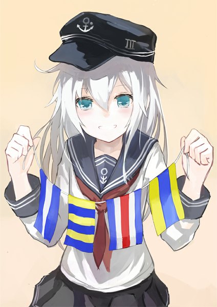 Anime picture 728x1029 with kantai collection hibiki destroyer yukihiko (tyabobo) single long hair tall image looking at viewer blush simple background smile holding white hair pleated skirt yellow background clenched teeth girl skirt uniform serafuku flag