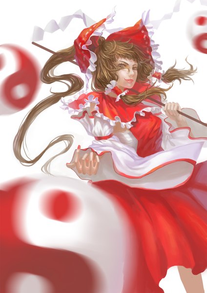 Anime picture 1535x2171 with touhou hakurei reimu cmy single long hair tall image looking at viewer fringe simple background smile brown hair white background brown eyes ponytail long sleeves wind yin yang girl dress bow