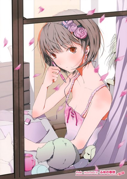 Anime picture 2477x3500 with original fuyuno haruaki single tall image looking at viewer blush highres short hair red eyes brown hair bare shoulders hair flower girl hair ornament petals headphones toy stuffed animal pen
