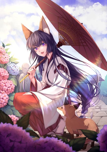 Anime picture 1414x2000 with original jh single long hair tall image looking at viewer fringe open mouth black hair smile hair between eyes sitting purple eyes holding animal ears sky cloud (clouds) bent knee (knees) tail braid (braids)