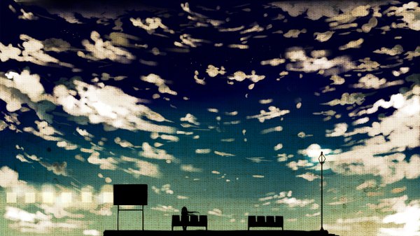 Anime picture 1280x720 with vocaloid hatsune miku single wide image sitting sky cloud (clouds) silhouette girl lantern train station