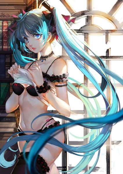 Anime picture 2480x3508 with vocaloid hatsune miku pudding (pixiv id10192393) single tall image highres breasts blue eyes light erotic twintails bare shoulders very long hair aqua hair underwear only girl thighhighs navel underwear panties bow