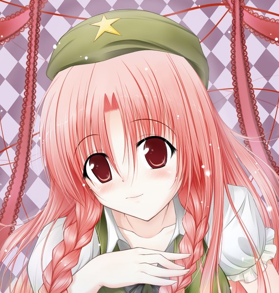 Anime picture 1400x1470 with touhou hong meiling nanase nanami (artist) single long hair tall image red eyes pink hair braid (braids) rhombus girl ribbon (ribbons) hat star (symbol)