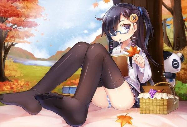 Anime picture 1500x1020 with original mvv long hair blue eyes light erotic black hair pantyshot legs pantyshot sitting girl thighhighs skirt underwear panties black thighhighs plant (plants) miniskirt shirt tree (trees) glasses