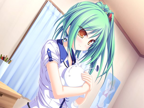 Anime picture 1600x1200 with suzukaze no melt enomoto yoshika tenmaso game cg green hair mole orange eyes mole under eye girl room