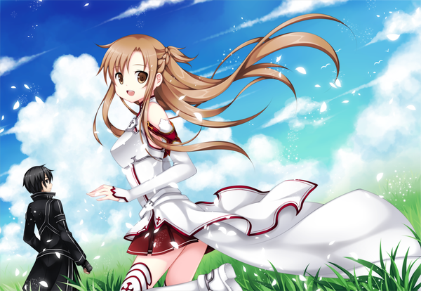 Anime picture 1000x691 with sword art online a-1 pictures yuuki asuna kirigaya kazuto aoilio long hair short hair open mouth black hair brown hair brown eyes cloud (clouds) black eyes girl thighhighs boy skirt miniskirt petals white thighhighs