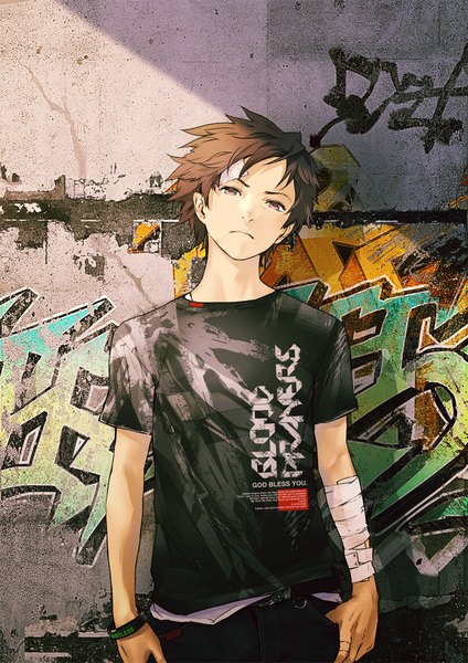 Anime picture 1000x1416 with beatless endou arato redjuice single tall image looking at viewer highres short hair brown hair clothes writing graffiti boy bandage (bandages) t-shirt bandaid