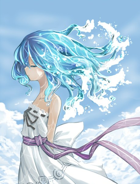 Anime picture 1000x1307 with original kazana (sakuto) single long hair tall image blush fringe bare shoulders sky cleavage cloud (clouds) eyes closed aqua hair wet sleeveless flat chest hands behind back wet clothes frown liquid hair