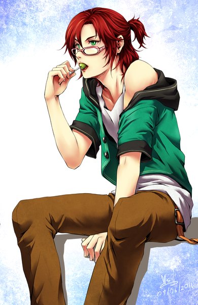 Anime picture 1500x2307 with original v-sil single tall image short hair open mouth simple background sitting green eyes signed ponytail red hair open clothes open jacket boy glasses belt candy lollipop
