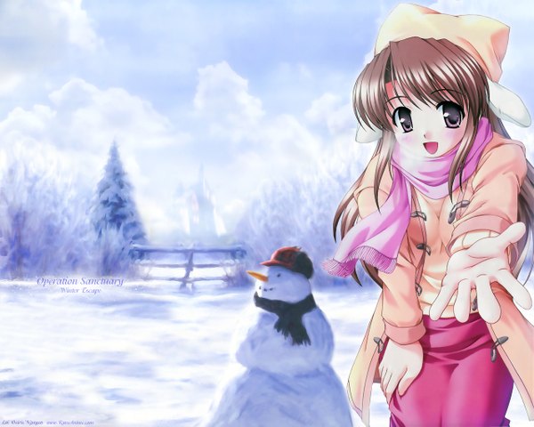 Anime picture 1280x1024 with hanihani: operation sanctuary fujieda honami bekkankou osiris (minitokyo) single long hair looking at viewer open mouth brown hair signed :d winter snow exhalation outstretched hand third-party edit girl plant (plants) tree (trees) scarf