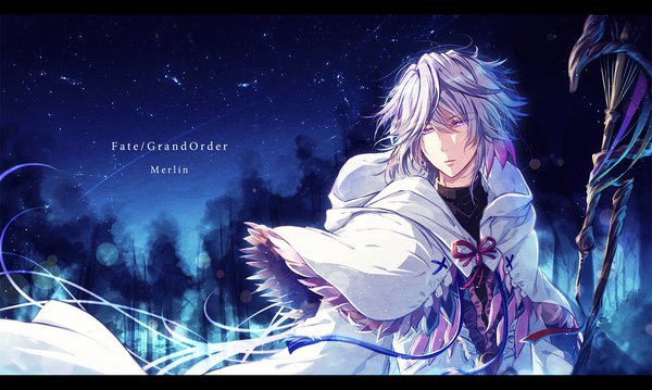 Anime picture 1730x1037 with fate (series) fate/grand order merlin (fate) mokoppe single long hair fringe highres hair between eyes wide image purple eyes looking away silver hair night night sky copyright name character names letterboxed boy staff