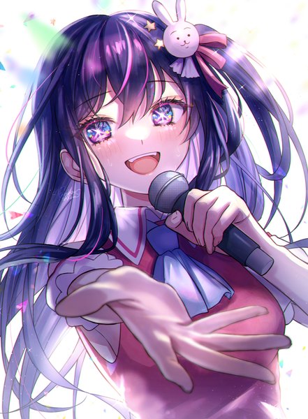 Anime picture 2982x4060 with oshi no ko hoshino ai (oshi no ko) kotoha shiki single long hair tall image looking at viewer fringe highres open mouth hair between eyes purple eyes purple hair upper body :d one side up symbol-shaped pupils outstretched hand singing girl