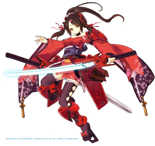 Anime picture 1300x1229 with original blvefo9 single long hair looking at viewer black hair simple background smile white background brown eyes ponytail long sleeves traditional clothes japanese clothes girl thighhighs weapon sword boots kimono
