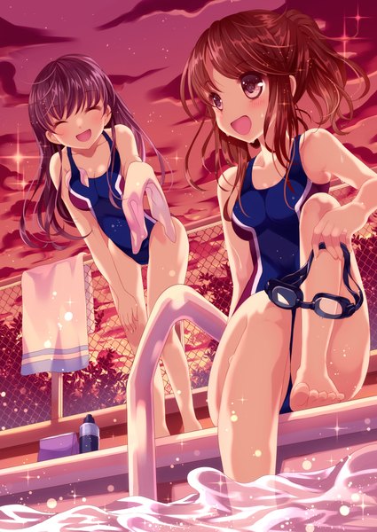 Anime picture 2866x4047 with original wasabi (sekai) long hair tall image highres open mouth light erotic black hair smile brown hair multiple girls brown eyes eyes closed barefoot scenic girl 2 girls swimsuit water one-piece swimsuit