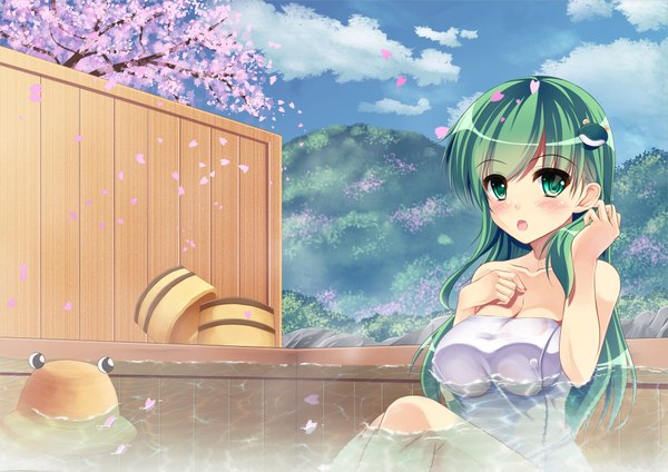 Anime picture 2046x1447 with touhou kochiya sanae runa7 (artist) long hair blush highres open mouth light erotic green eyes green hair cherry blossoms naked towel girl hat petals towel onsen