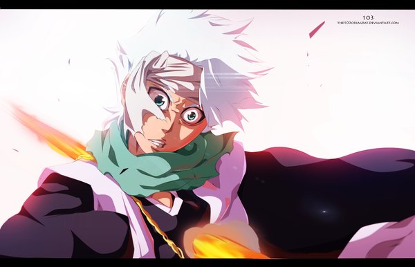 Anime picture 2165x1394 with bleach studio pierrot hitsugaya toushirou the103orjagrat single highres short hair simple background white background green eyes white hair traditional clothes japanese clothes coloring magic letterboxed pain boy kimono scarf