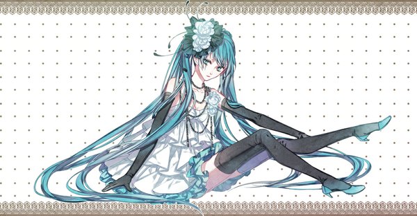 Anime picture 1000x520 with vocaloid hatsune miku witchonly (artist) single blue eyes wide image twintails blue hair very long hair girl thighhighs dress gloves flower (flowers) black thighhighs elbow gloves
