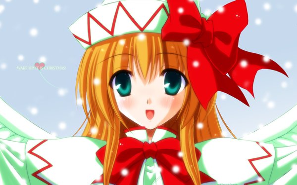 Anime picture 1920x1200 with touhou lily white yamu (reverse noise) devildude single long hair looking at viewer highres open mouth wide image :d aqua eyes snowing third-party edit girl bow