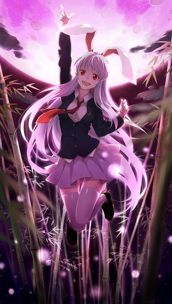 Anime picture 818x1440 with touhou reisen udongein inaba 3nami73 single tall image looking at viewer fringe open mouth smile red eyes animal ears pink hair bent knee (knees) outdoors very long hair pleated skirt wind night arms up bunny ears
