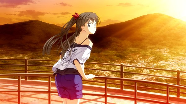 Anime picture 1024x576 with suigetsu 2 long hair black hair wide image twintails game cg black eyes evening sunset mountain girl shorts