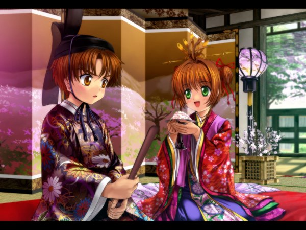 Anime picture 1280x960 with card captor sakura clamp kinomoto sakura li xiaolang mutsuki (moonknives) blush brown hair green eyes japanese clothes spring kimono