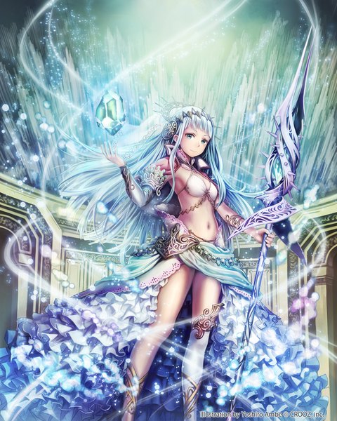 Anime picture 1281x1600 with shinma x keishou! ragnabreak original anbe yoshirou single long hair tall image blue eyes blue hair midriff girl thighhighs dress navel hair ornament weapon detached sleeves single thighhigh crystal spear