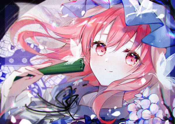 Anime picture 2500x1770 with touhou saigyouji yuyuko syana alice single looking at viewer fringe highres short hair smile hair between eyes pink hair upper body pink eyes sparkle cherry blossoms girl insect butterfly