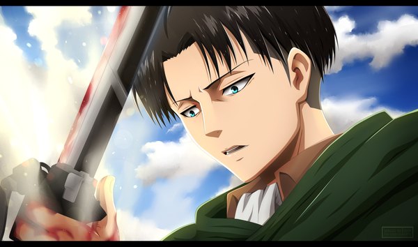 Anime picture 2560x1512 with shingeki no kyojin production i.g levi (rivaille) kortrex single highres short hair open mouth black hair wide image sky cloud (clouds) aqua eyes sunlight coloring letterboxed boy weapon sword blood
