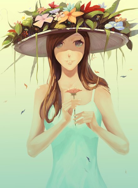 Anime picture 3168x4318 with original houfuchao single long hair tall image looking at viewer highres blue eyes simple background smile brown hair absurdres girl dress flower (flowers) plant (plants) hat leaf (leaves) sundress