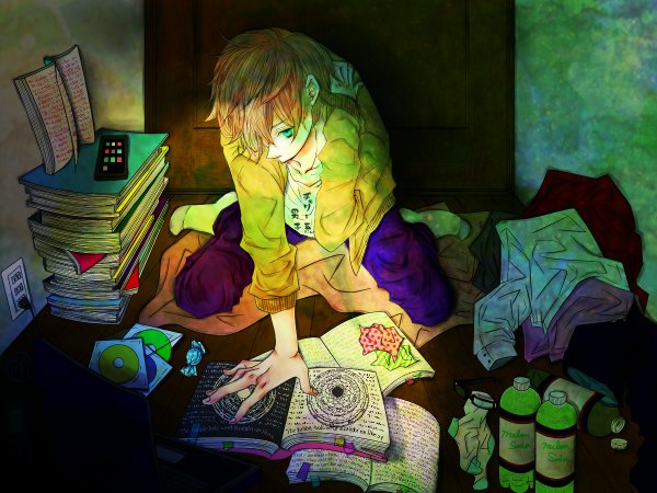 Anime picture 1200x900 with nico nico singer bis (nico nico singer) single fringe brown hair sitting green eyes aqua eyes hair over one eye no shoes magic light reading gloom boy book (books) cape bottle candy phone