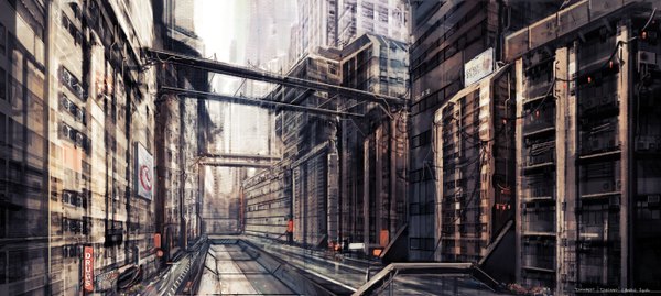 Anime picture 1400x628 with saimon ma wide image city building (buildings) wire (wires) bridge people sign crowd
