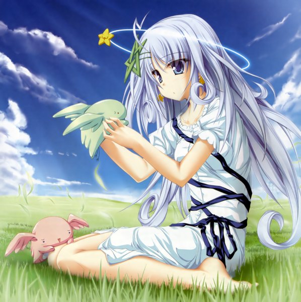Anime picture 4132x4151 with 77 kuu (77) tenmaso single long hair tall image highres blue eyes sitting blue hair looking away absurdres sky cloud (clouds) barefoot scan kneeling field girl dress