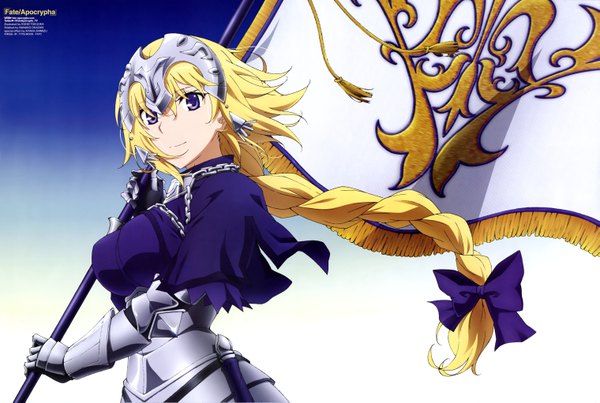 Anime picture 6074x4083 with fate (series) fate/apocrypha jeanne d'arc (fate) (all) jeanne d'arc (fate) tokuoka kohei single long hair looking at viewer highres blue eyes blonde hair absurdres braid (braids) light smile wind scan official art gradient background single braid girl