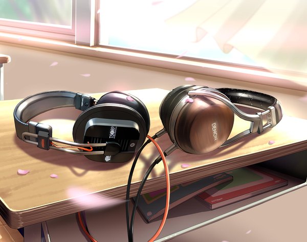 Anime picture 2000x1579 with original wadapen highres indoors wind sunlight no people still life petals window headphones curtains wire (wires) desk cable notebook