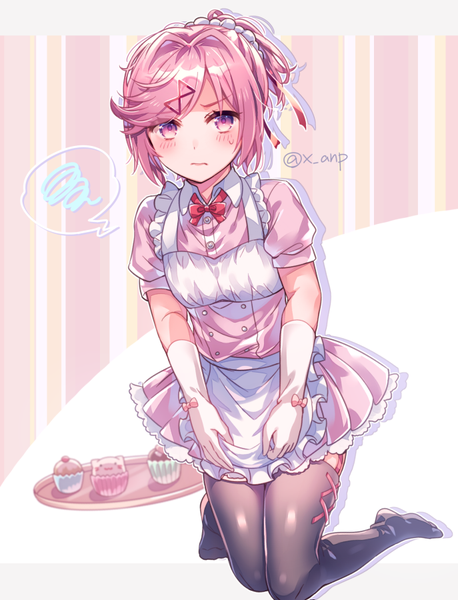 Anime picture 687x900 with doki doki literature club natsuki (doki doki literature club) aicedrop single tall image looking at viewer blush fringe short hair simple background signed pink hair full body bent knee (knees) ponytail pink eyes blurry short sleeves alternate costume embarrassed
