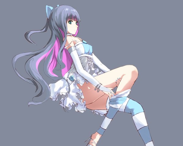 Anime picture 1500x1200 with panty & stocking with garterbelt anarchy stocking lechat single long hair looking at viewer open mouth blue eyes simple background bare shoulders pink hair multicolored hair grey hair grey background two-tone hair colored inner hair girl thighhighs dress gloves