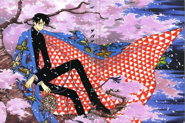 Anime picture 4498x3000 with tsubasa reservoir chronicle xxxholic clamp watanuki kimihiro single highres black hair absurdres scan cherry blossoms boy plant (plants) petals tree (trees) glasses insect butterfly cage