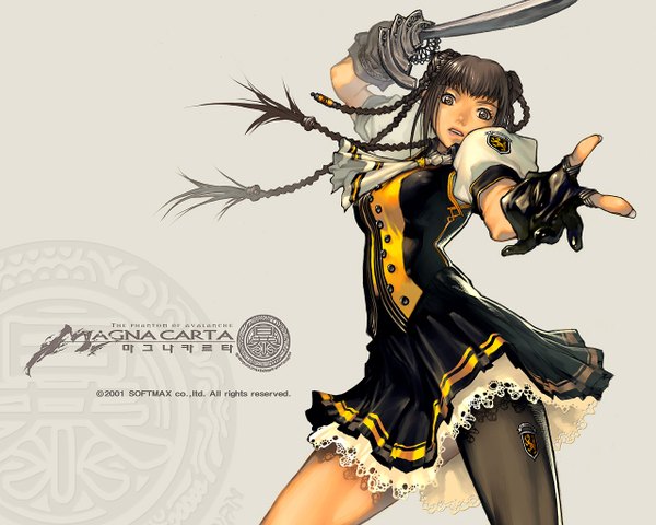 Anime picture 1280x1024 with magna carta braid (braids) hair bun (hair buns) frilly skirt skin tight dress gloves weapon sword fingerless gloves