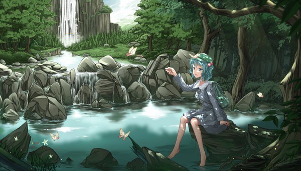 Anime picture 2000x1142 with touhou kawashiro nitori cloudy.r highres short hair open mouth blue eyes wide image blue hair one eye closed barefoot wink waterfall girl dress plant (plants) tree (trees) water insect butterfly