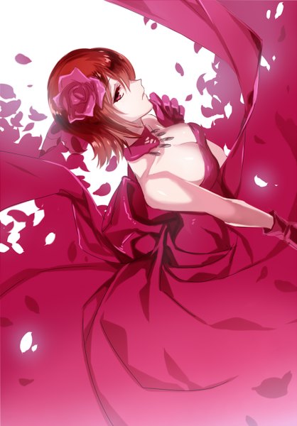 Anime picture 897x1288 with fate (series) fate/zero sola-ui nuada-re sophia-ri ycco (estrella) single tall image looking at viewer fringe short hair breasts light erotic simple background hair between eyes red eyes large breasts white background bare shoulders cleavage red hair hair flower