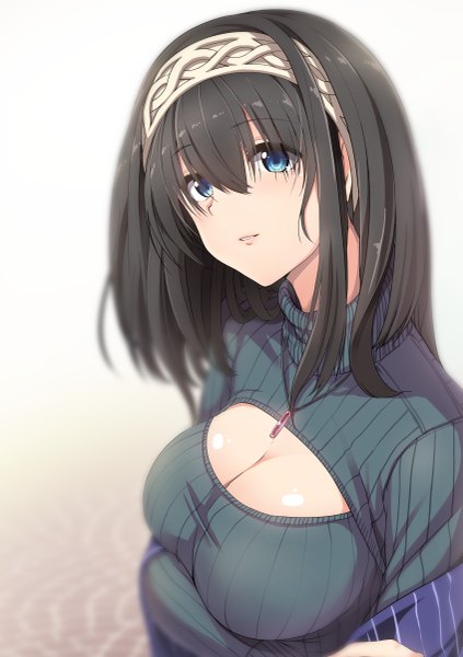 Anime picture 847x1200 with idolmaster idolmaster cinderella girls sagisawa fumika nohito single long hair tall image looking at viewer fringe breasts blue eyes light erotic black hair large breasts girl choker pendant sweater turtleneck open-chest turtleneck