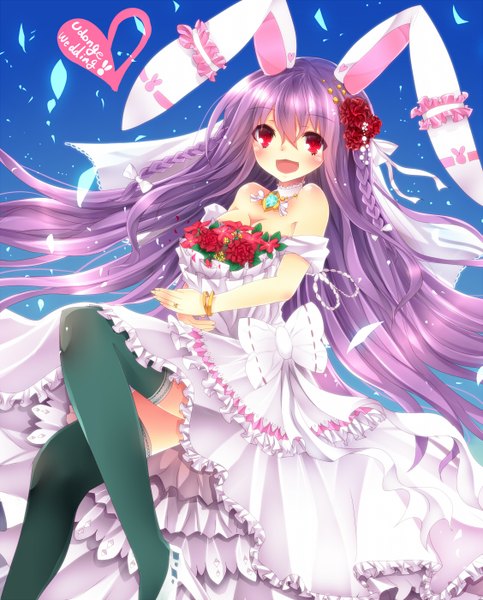 Anime picture 1128x1400 with touhou reisen udongein inaba e-co single long hair tall image looking at viewer blush open mouth red eyes bare shoulders animal ears purple hair braid (braids) bunny ears twin braids girl thighhighs dress flower (flowers)