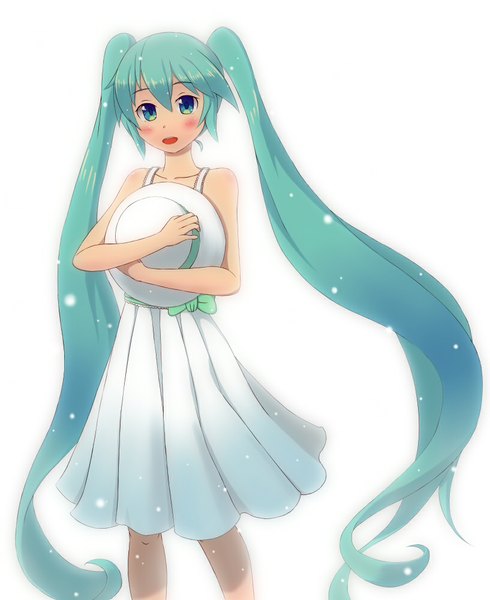 Anime picture 817x1000 with vocaloid hatsune miku tsumuji (kazekirikengo) single long hair tall image looking at viewer blush open mouth simple background smile white background twintails bare shoulders aqua eyes aqua hair teeth girl dress bow